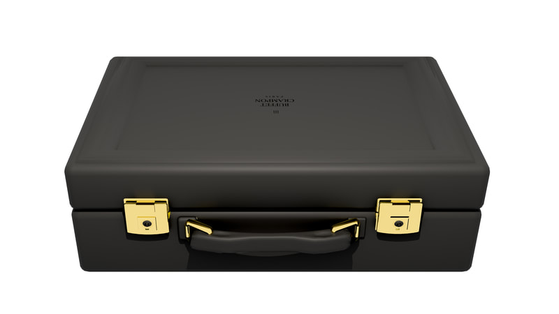 Clean 3D model render of a black clarinet case with shiny gold latches. There is a Buffet Crampon insignia on the top of the case.